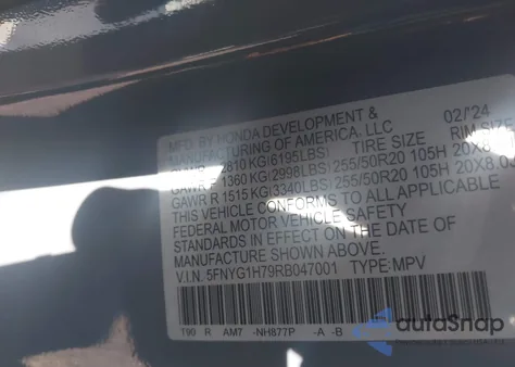 2024 Honda Pilot Touring from USA, damaged, VIN 5FNYG1H79RB047001